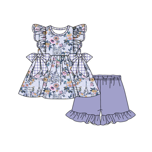 Preorder (moq 5)Baby Girls Flutter Sleeve Flowers Bows Tunic Ruffle Shorts Clothes Set