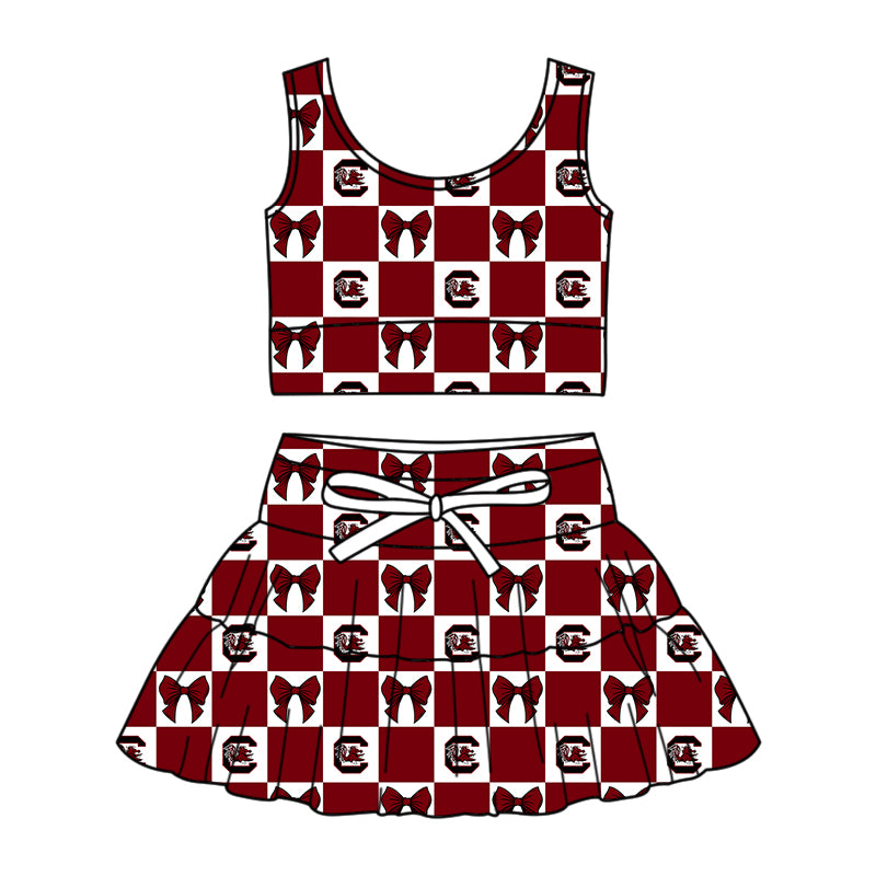 Preorder (moq 5)Baby Girls Red C Bulls Bows Checked Vests Skirt Shorts Team Clothes Sets