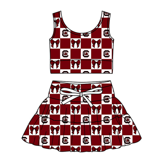 Preorder (moq 5)Baby Girls Red C Bulls Bows Checked Vests Skirt Shorts Team Clothes Sets