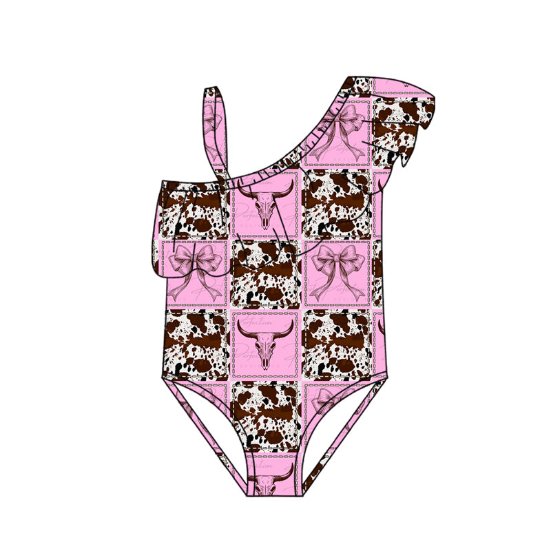 Preorder (moq 5)Baby Girls One Shoulder Bows Bull Skulls Checked Western Swimsuits
