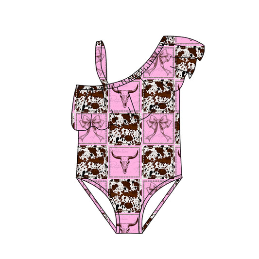 Preorder (moq 5)Baby Girls One Shoulder Bows Bull Skulls Checked Western Swimsuits
