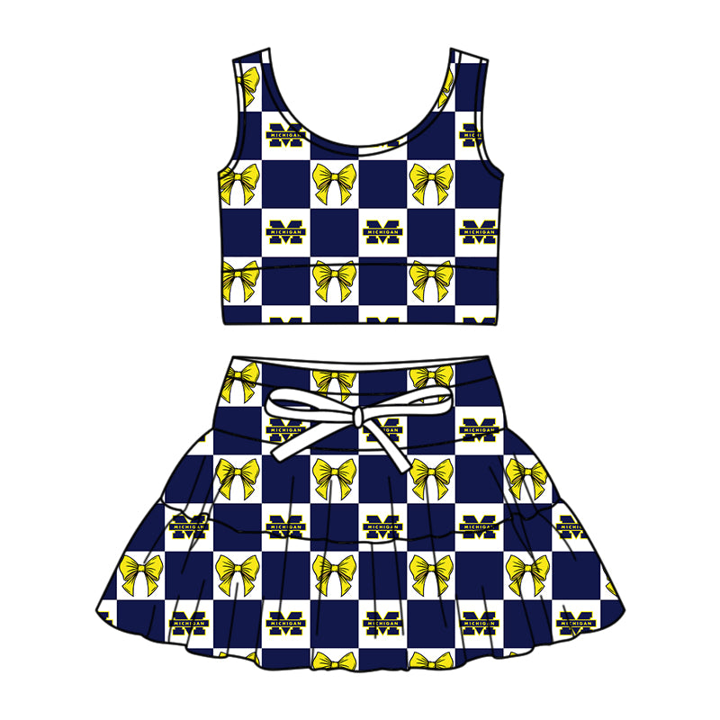 Preorder (moq 5)Baby Girls Bows Michigan Checked Vest Skirt Short Team Clothes Sets