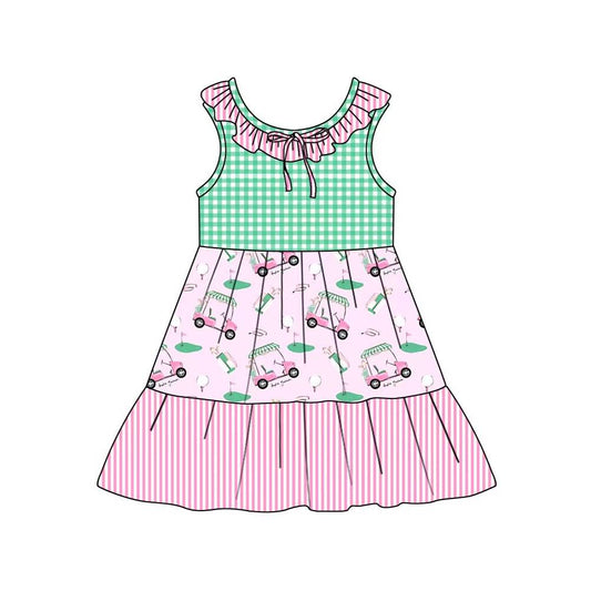 Preorder (moq 5)Baby Girls Collar Golf Flags Checked Stripe Patchwork Knee Length Dresses