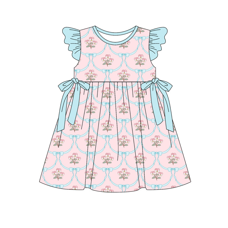 Preorder (moq 5)Baby Girls Flutter Sleeve Flowers Bows Checked Knee Length Dresses