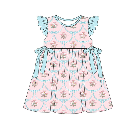 Preorder (moq 5)Baby Girls Flutter Sleeve Flowers Bows Checked Knee Length Dresses