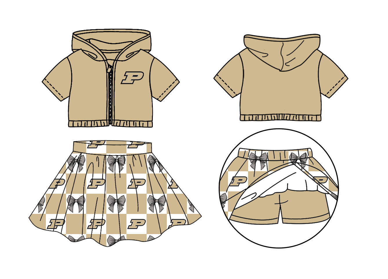 Preorder (moq 5)Baby Girls Gold P Bows Zip Hoodie Jackets Skirt Short Team Clothes Sets