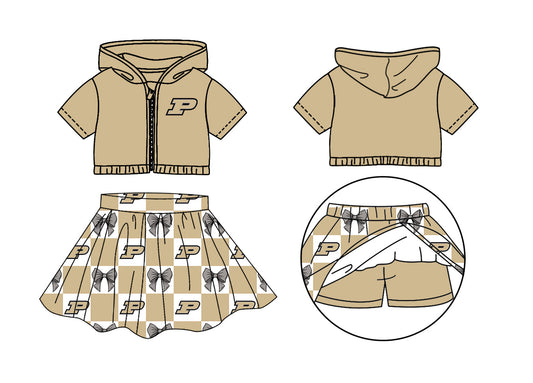 Preorder (moq 5)Baby Girls Gold P Bows Zip Hoodie Jackets Skirt Short Team Clothes Sets