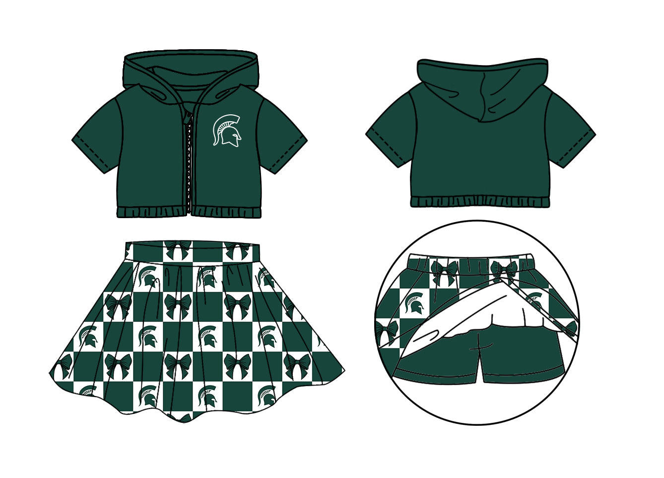 Preorder (moq 5)Baby Girls Green Spartans Bows Zip Hoodie Jackets Skirt Short Team Clothes Sets