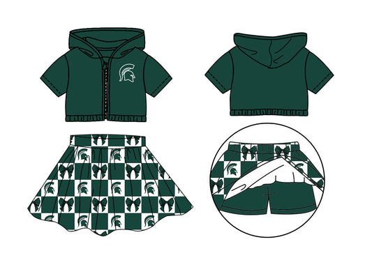 Preorder (moq 5)Baby Girls Green Spartans Bows Zip Hoodie Jackets Skirt Short Team Clothes Sets