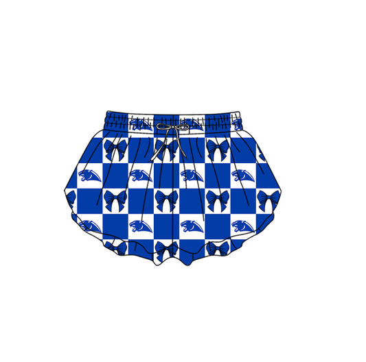 Preorder (moq 5)Baby Girls Blue Leopard Bows Checked Team Ruffle Shorts Bottom