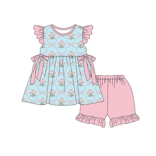 Preorder (moq 5)Baby Girls Flutter Sleeve Flowers Bows Checked Tunic Ruffle Shorts Clothes Set