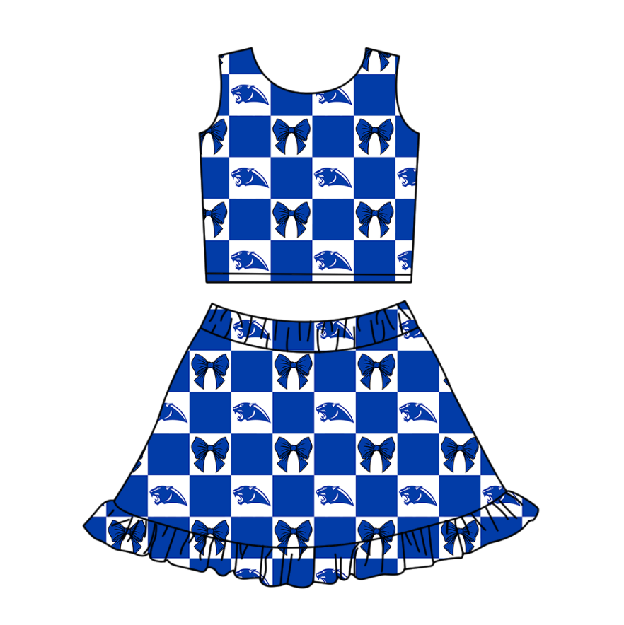 Preorder (moq 5)Baby Girls Blue Leopard Bows Checked Vest Ruffle Skirt Short Team Clothes Sets