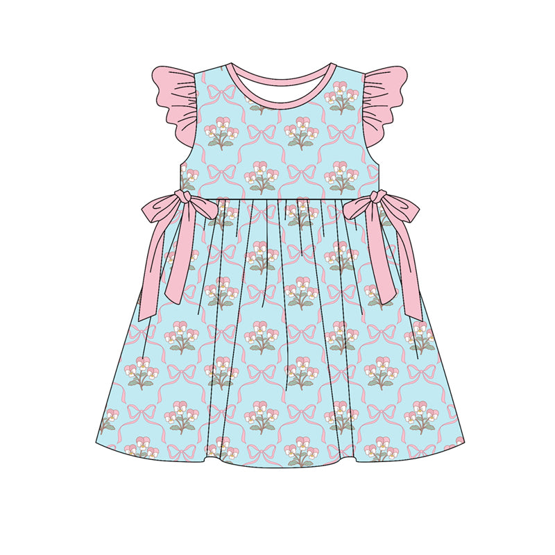 Preorder (moq 5)Baby Girls Flutter Sleeve Flowers Bows Checked Knee Length Dresses