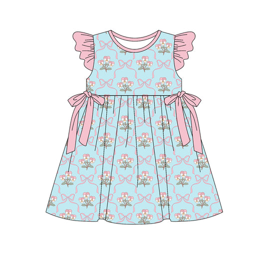 Preorder (moq 5)Baby Girls Flutter Sleeve Flowers Bows Checked Knee Length Dresses