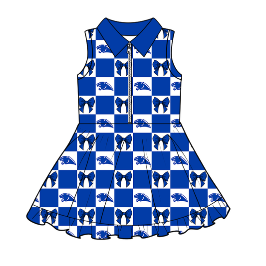 Preorder (moq 5)Baby Girls Blue Leopard Bows Checked Zip Short Team Knee Length Dress