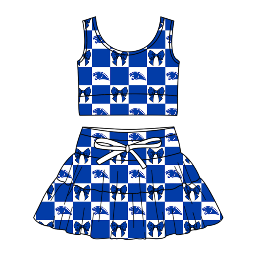 Preorder (moq 5)Baby Girls Blue Leopard Bows Checked Vest Skirt Short Team Clothes Sets