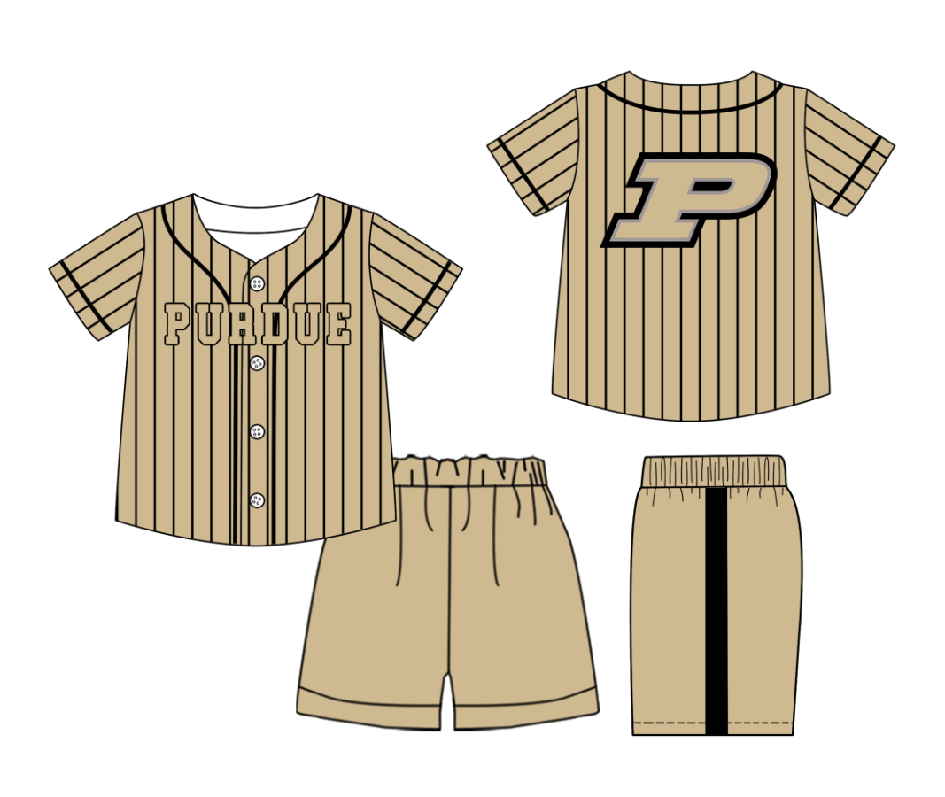 Preorder (moq 5)Baby Boys Black Stripe Purdue Button Top Short Team Clothes Sets