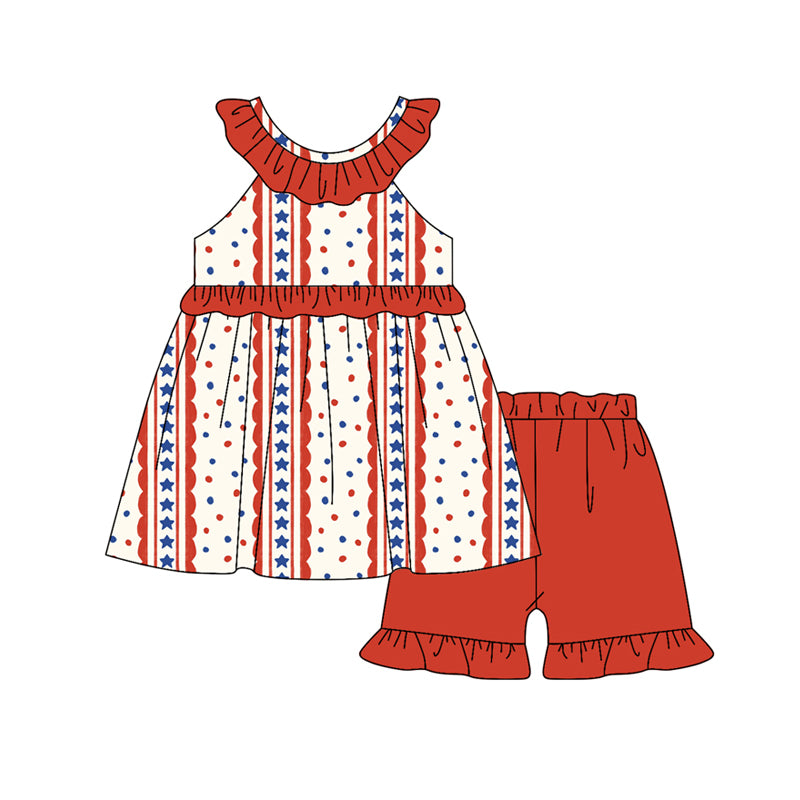 Preorder (moq 5)Baby Girls Stars Stripe Collar Tunic Ruffle Shorts 4th of July Clothes Set