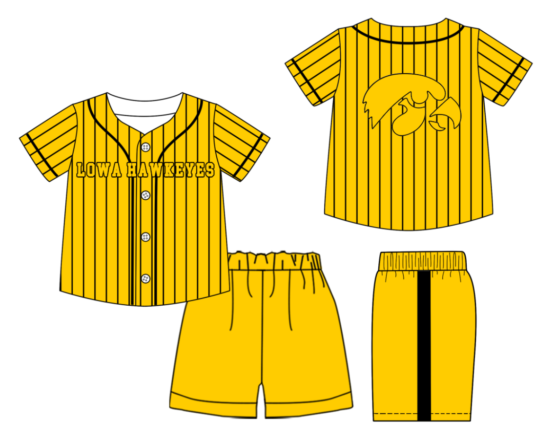 Preorder (moq 5)Baby Boys Black Stripe Lowa Hawkeyes Button Top Short Team Clothes Sets