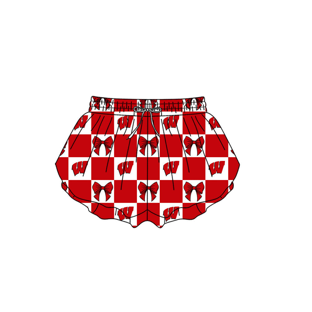 Preorder (moq 5)Baby Girls Red W Bows Checked Team Ruffle Shorts Bottom