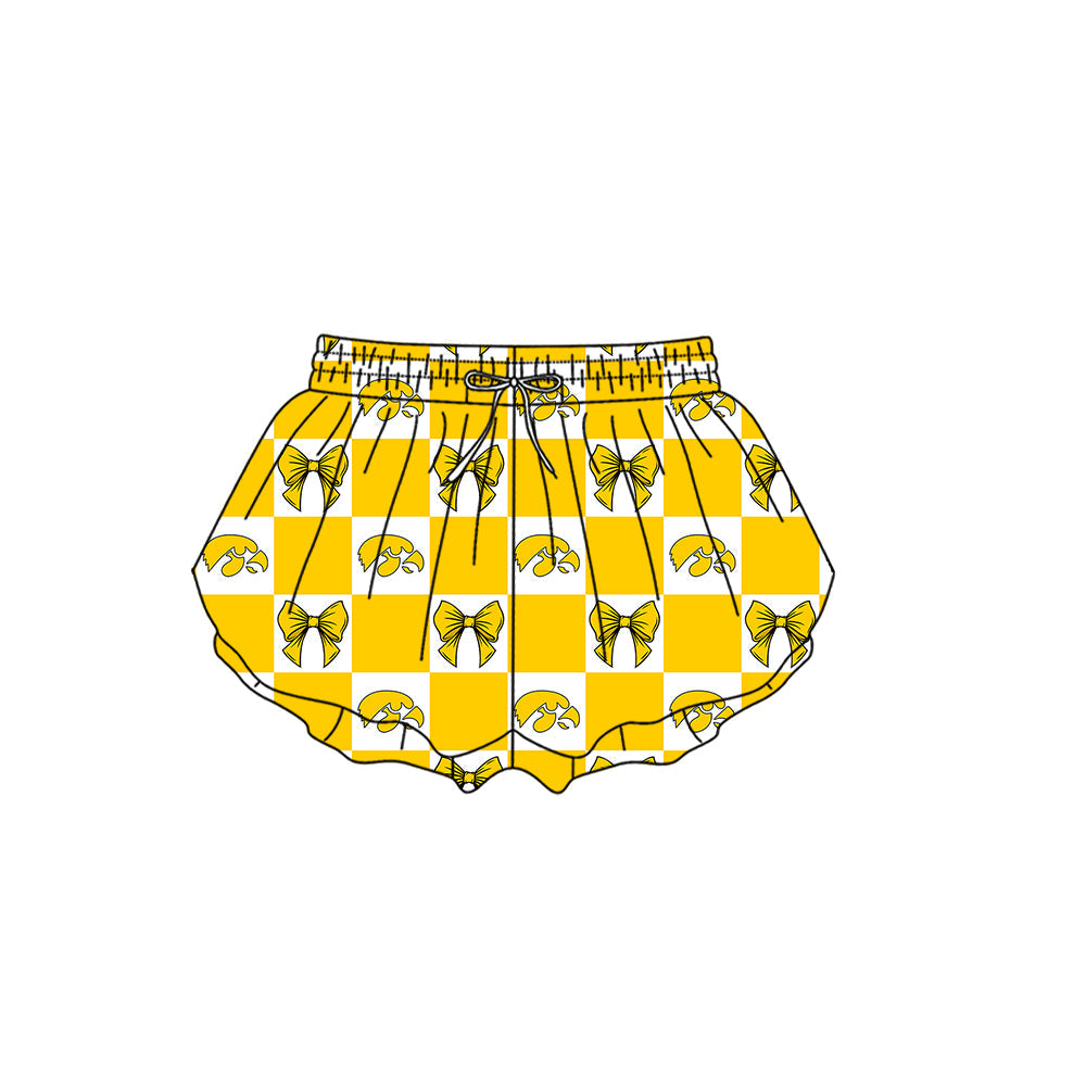 Preorder (moq 5)Baby Girls Yellow Eagle Bows Checked Team Ruffle Shorts Bottom