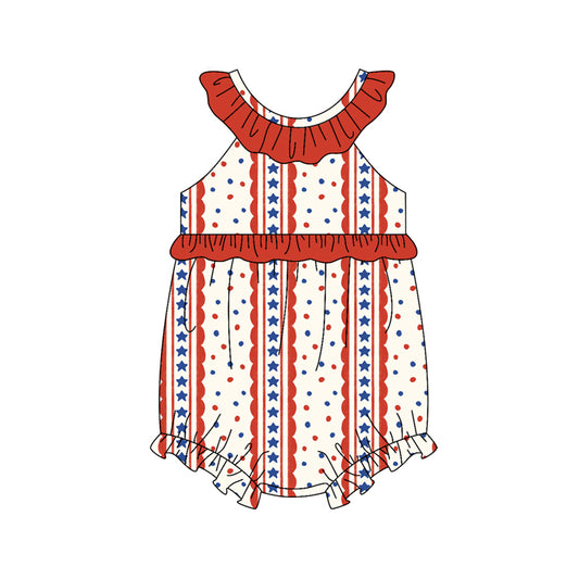 Preorder (moq 5)Baby Girls Sleeveless Stars Stripe 4th of July Collar Ruffle Rompers