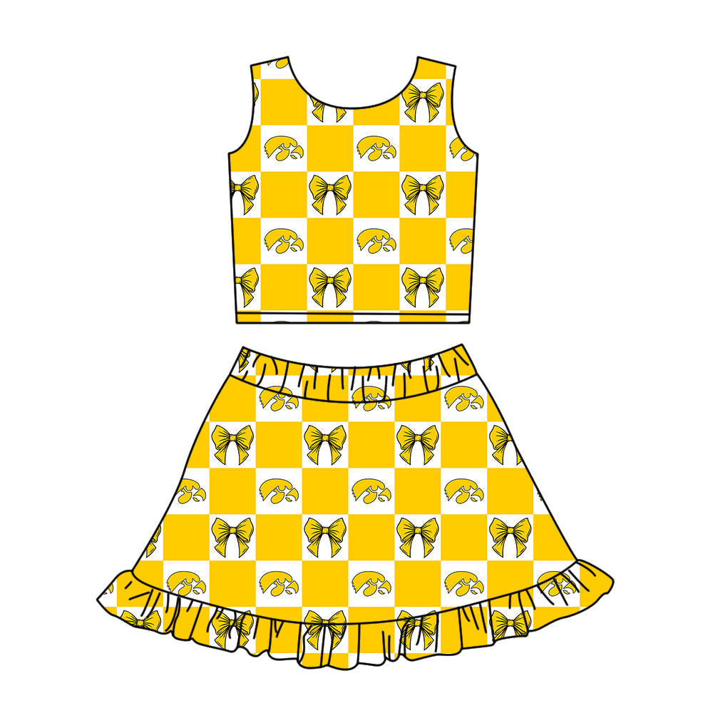 Preorder (moq 5)Baby Girls Yellow Eagle Bows Checked Vest Ruffle Skirt Short Team Clothes Sets