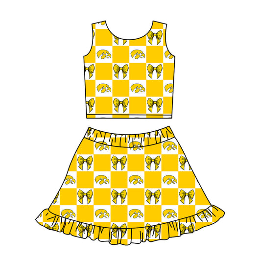 Preorder (moq 5)Baby Girls Yellow Eagle Bows Checked Vest Ruffle Skirt Short Team Clothes Sets