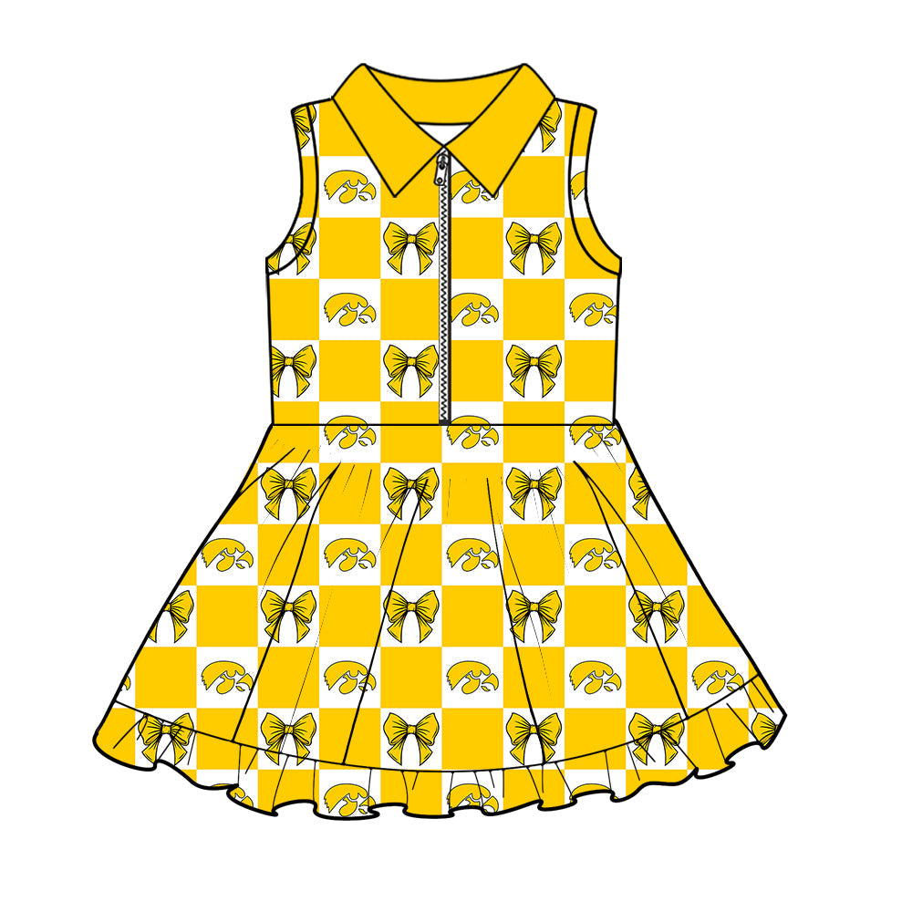 Preorder (moq 5)Baby Girls Yellow Eagle Bows Checked Vest Zip Short Team Knee Length Dress