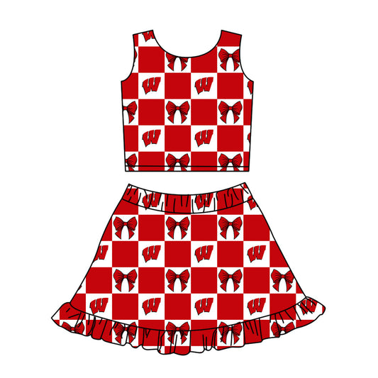 Preorder (moq 5)Baby Girls Red W Bows Checked Vest Ruffle Skirt Short Team Clothes Sets