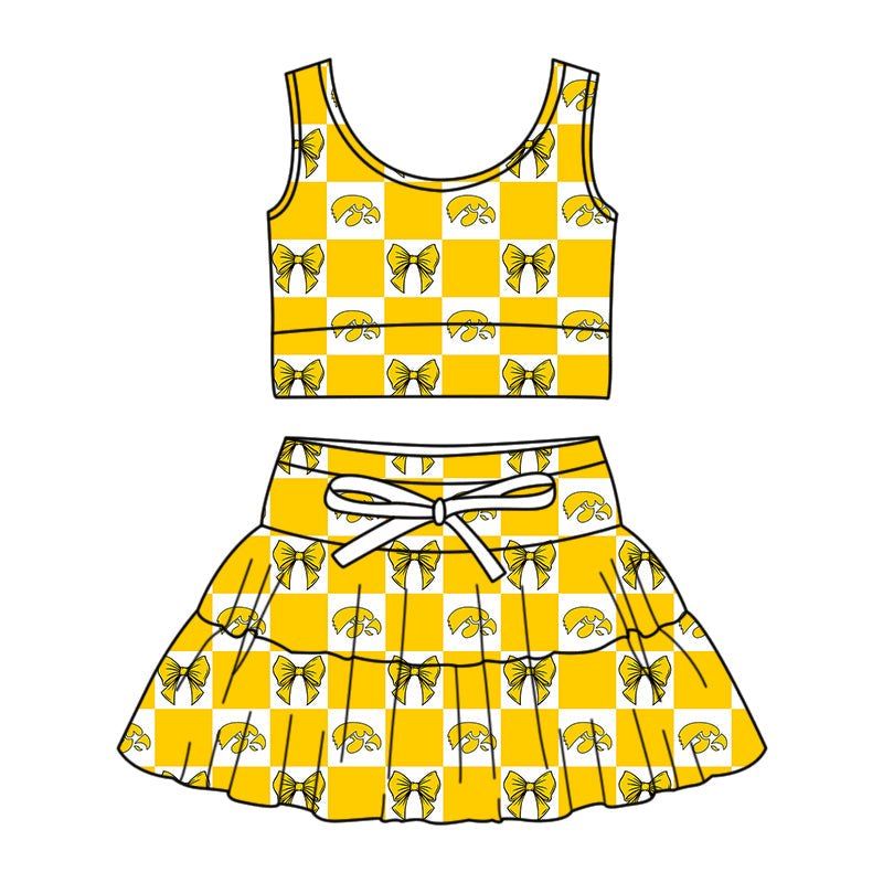 Preorder (moq 5)Baby Girls Yellow Eagle Bows Checked Vests Skirt Short Team Clothes Sets