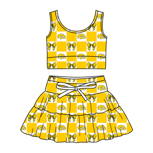 Preorder (moq 5)Baby Girls Yellow Eagle Bows Checked Vests Skirt Short Team Clothes Sets