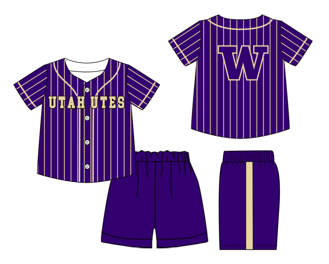 Preorder (moq 5)Baby Boys Purple Stripe Utah Utes Button Top Short Team Clothes Sets
