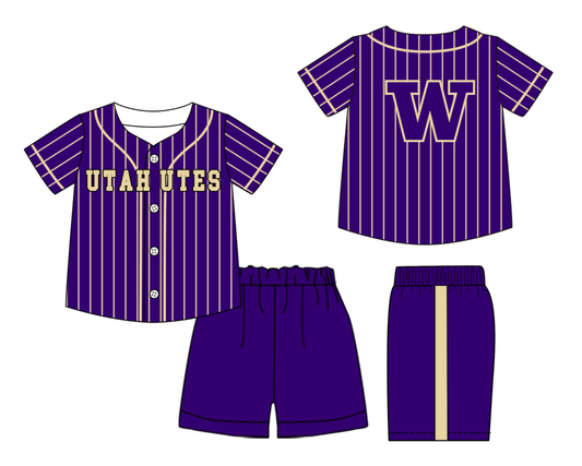 Preorder (moq 5)Baby Boys Purple Stripe Utah Utes Button Top Short Team Clothes Sets