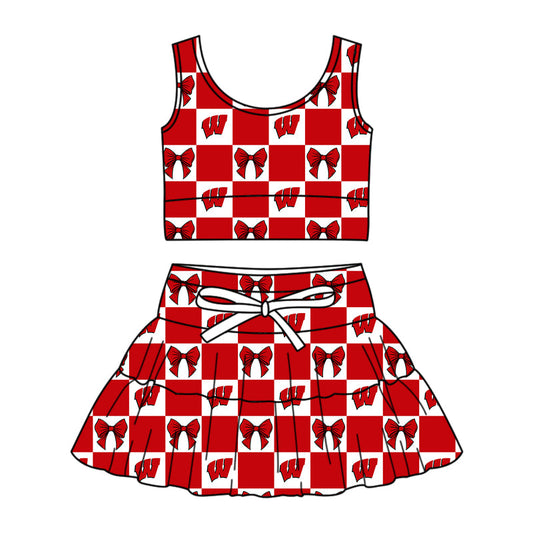 Preorder (moq 5)Baby Girls Red W Bows Checked Vests Top Skirt Short Team Clothes Sets