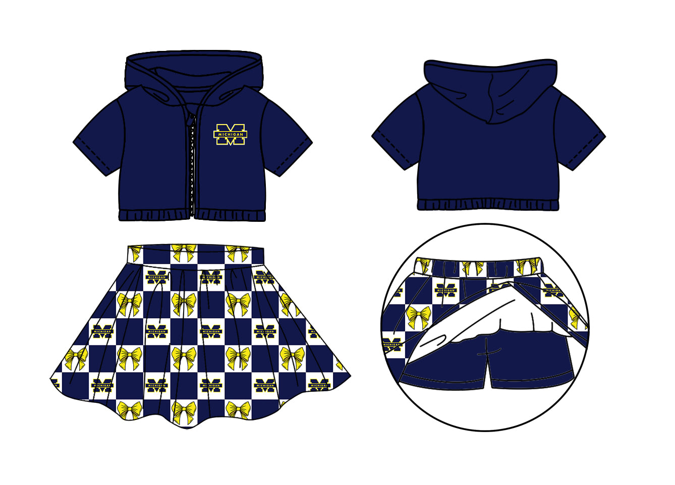 Preorder (moq 5)Baby Girls Bows Michigan Zip Hoodie Jackets Skirt Short Team Clothes Sets