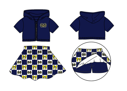 Preorder (moq 5)Baby Girls Bows Michigan Zip Hoodie Jackets Skirt Short Team Clothes Sets