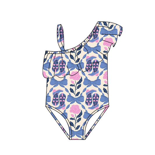 Preorder (moq 5)Baby Girls One Shoulder Flower Bows Boots Western Swimsuits