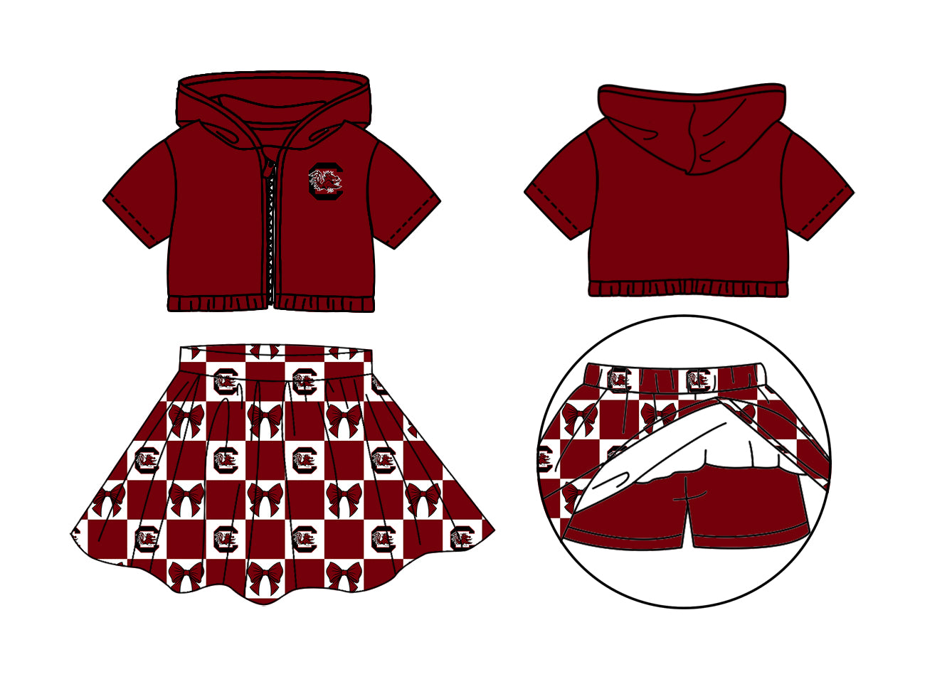 Preorder (moq 5)Baby Girls Red C Bull Bows Zip Hoodie Jackets Skirt Short Team Clothes Sets