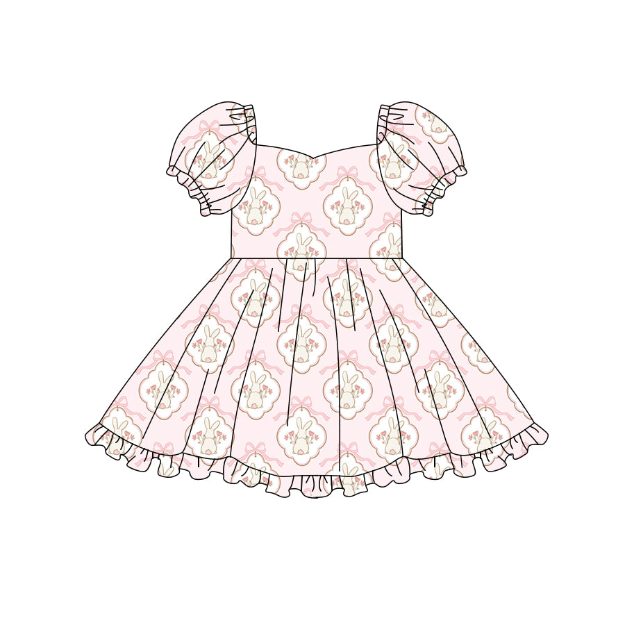 Preorder (moq 5)Baby Girls Pink Bow Rabbits Checked Easter Ruffle Knee Length Dresses