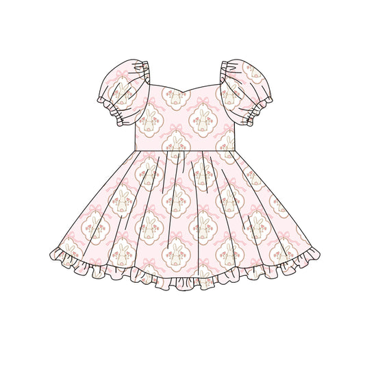 Preorder (moq 5)Baby Girls Pink Bow Rabbits Checked Easter Ruffle Knee Length Dresses
