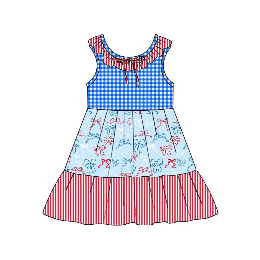 Preorder (moq 5)Baby Girls Red Blue Bows Checked Stripe 4th of July Patchwork Knee Length Dresses
