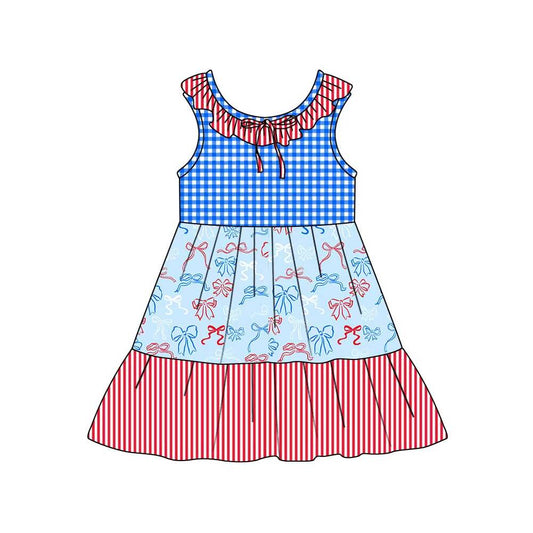 Preorder (moq 5)Baby Girls Red Blue Bows Checked Stripe 4th of July Patchwork Knee Length Dresses