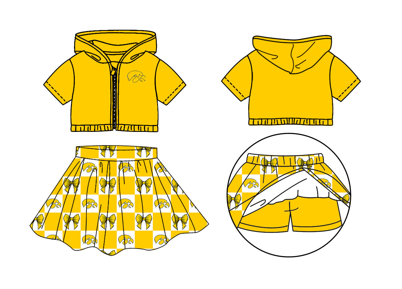 Preorder (moq 5)Baby Girls Yellow Eagle Bows Zip Hoodie Jackets Skirt Short Team Clothes Sets