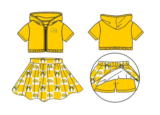 Preorder (moq 5)Baby Girls Yellow Eagle Bows Zip Hoodie Jackets Skirt Short Team Clothes Sets