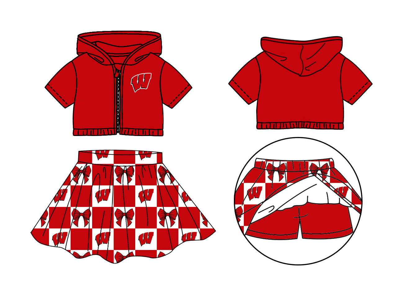 Preorder (moq 5)Baby Girls Red W Bows Zip Hoodie Jackets Skirt Short Team Clothes Set