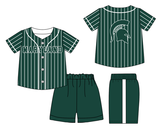 Preorder (moq 5)Baby Boys Green Stripe Maryland Button Top Short Team Clothes Sets
