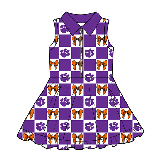 Preorder (moq 5)Baby Girls Purple Pawls Bows Checked Zip Short Team Knee Length Dress