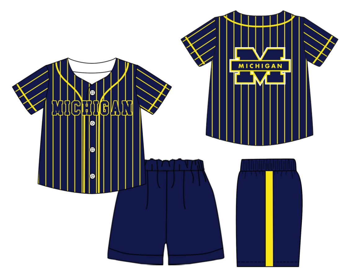 Preorder (moq 5)Baby Boys Yellow Stripe Michigan Button Top Short Team Clothes Sets