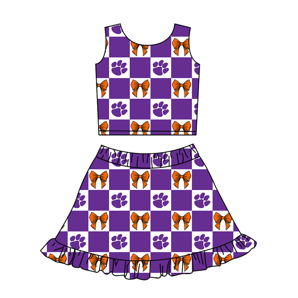 Preorder (moq 5)Baby Girls Purple Pawl Bows Checked Vest Ruffle Skirt Short Team Clothes Set